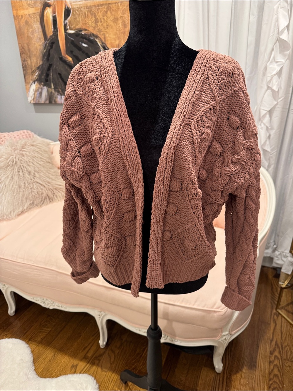 moon & madison Chunky Cable Knit Open-Front Cardigan - Dusty Rose